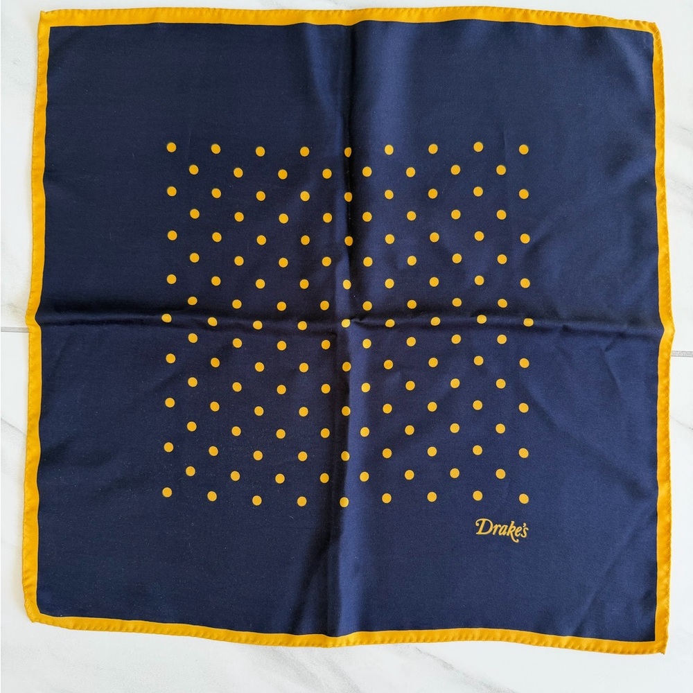 Drakes Navy and Yellow Polka Dot Pocket Square